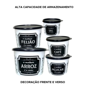 Kit 5 Potes Organizadores Mantimentos Plástico Café Arroz Feijão Sal