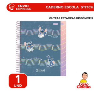 Caderno Stitch Disney 1 Matéria Capa Dura 80 Folhas Com Adesivos