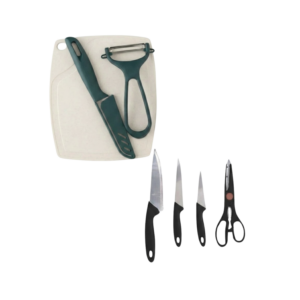 Kit Churrasco 7 Peças Facas Aço Inox Tesoura Descascador Tábua de Corte Cozinha Gourmet