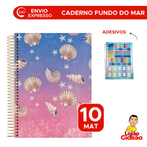 Caderno Universitário Fundo do Mar 10 Matérias 160 Folhas Capa Dura Adesivos