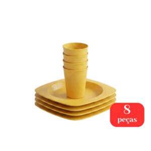 Kit 4 Pratos Quadrado Fundos + 4 Copos 300ml Plástico PP Coloridos