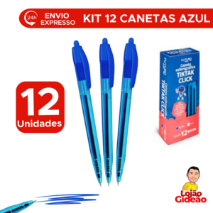 Kit 12 Canetas Esferografica Azul 07mm TikTak Escrita Fina Para Escritorio Escola Revenda Com Clip