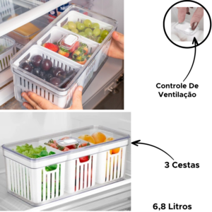 Organizador Elegante Retangular Com 3 Cestas 6,8 Tampa Cesto Multiuso Geladeira Dispensa Cozinha