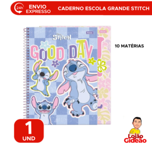 Caderno Stitch Holográfico 10 Matérias 160 Folhas Escolar Brilhante