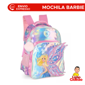 Mochila Escolar Infantil Borboleta Holográfica Rosa Grande e Reforçada