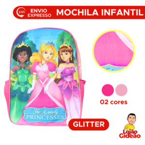 Mochila Escolar Infantil Princesas Glitter Reforçada Para Escola e Passeio
