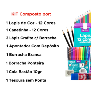Kit Estojo Infantil Completo 10 Peças Com Material Escolar Para Menino E Menina
