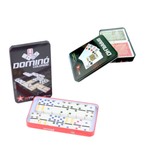 Kit Baralhos De Cartas + Domino Plástico Na Lata Resistente Jogo De Cartas Durável