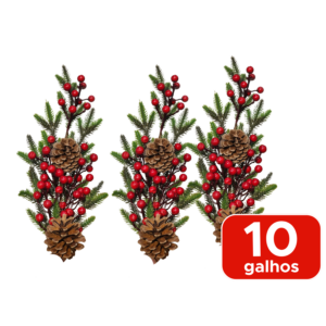 Kit 10 Galhos Pinheiro Com Pinhas Com Frutas Vermelhas Cereja Artificial Decoração Natal