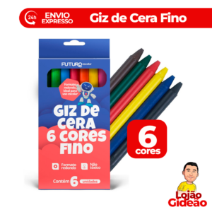 Giz de Cera 6 Cores Fino Infantil Escolar Para Desenho e Colorir