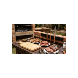 Kit Churrasco 5 Peças com Tábua de Madeira Suporte Magnético Faca Garfo Aço Inox