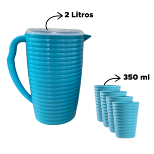 Kit Jarra De Suco 2 Litros Com 4 Copos 350ml De Plástico Colorido Resistente Jarra Para Agua Para Refresco Com Tampa