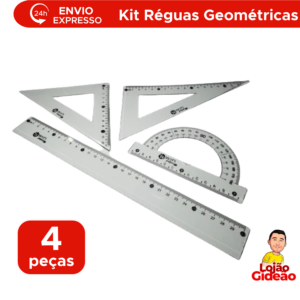 Kit Geométrico Escolar 4 Peças Réguas Transparentes Cristal Para Desenho