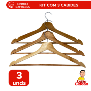 Kit 3 Cabides de Madeira Resistente Para Calça Vestido e Guarda-Roupa