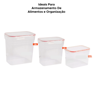 Kit 3 Potes Herméticos Retangulares Altos 4 Travas LP House