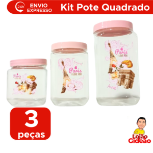 Kit Pote Quadrado P M G Tampa Rosa Para Mantimentos Cozinha Rosa Organizador De Alimentos