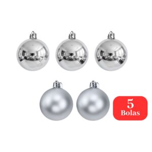 Kit 5 Bolas De Natal Prata Fosca E Brilhante 8cm Para Árvore Decoração Natalina Enfeite Natal
