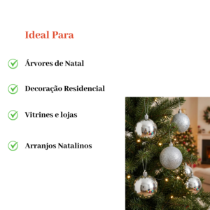 Kit 6 Bolas de Natal Prata Lisa e Glitter 7cm Árvore Natalina