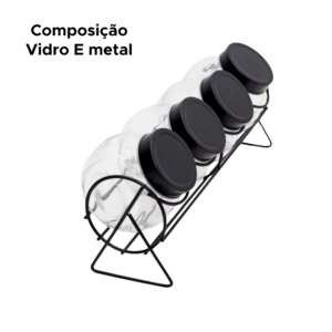 Conjunto De Porta Tempero Com 4 Potes Vidro E Suporte Preto 170ml
