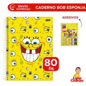 Caderno Bob Esponja 1 Matéria Universitário 80 Folhas Escolar Faculdade Com Adesivo