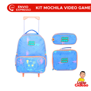 Kit Mochila de Rodinha e Costas + Lancheira + Estojo Infantil Video Game