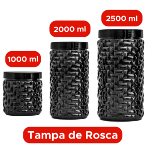 Kit 3 Potes Mantimentos Preto 1 2 e 2,5 Litros Conjunto Organizador para Cozinha