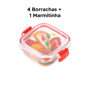 Kit Com 4 Mini Borrachas Material Escolar Realista Fast Food Comida Criativa Divertida Acompanha Marmitinha