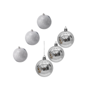 Kit 6 Bolas de Natal Prata Lisa e Glitter 7cm Árvore Natalina