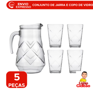 Kit Jarra de Vidro 1,5L Com 4 Copos Transparente Para Água Suco Mesa Posta