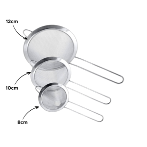 Kit Com 3 Peneira Inox 8/10/12cm Para Cozinha Drinks Confeitaria Polvilhar Peneirar Açúcar Farinha