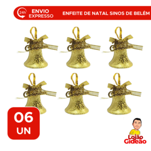Enfeite de Árvore de Natal Sino Dourado Com 6 Unidades Para Decoração De Natal Brilhante