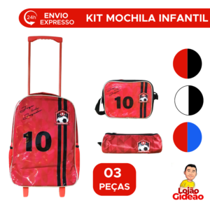 Kit Mochila Escolar Infantil com Rodinha Futebol Estojo e Lancheira