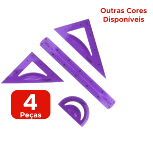 Kit Geométrico De Réguas Com 4 Peças Escolar Flexível  Cristal Colorida