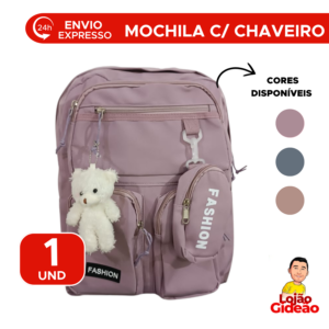 Mochila Escolar Feminina Coreana Japonesa Impermeável 6 Bolsos Com Chaveiro