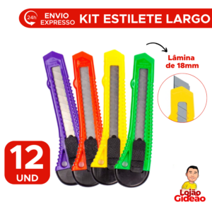 Kit 12 Estiletes 18mm Largo Corte Preciso Papelão Escola Escritório Sortido