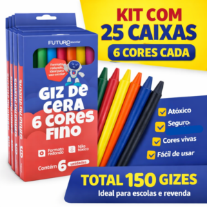 Kit 25 Giz de Cera 6 Cores Infantil Escolar Para Colorir e Desenhar