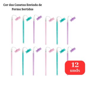 Kit 12 Canetas Gel 0.7mm Com Carimbo Escrita Azul Sortidas