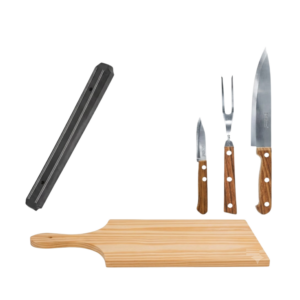 Kit Churrasco 5 Peças com Tábua de Madeira Suporte Magnético Faca Garfo Aço Inox