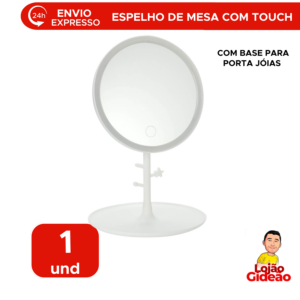 Espelho de Mesa Redondo LED Com Porta Joias Para Maquiagem Com Luz
