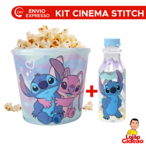 Kit Balde De Pipoca Com Garrafa Stitch Para Ver Filme Cinema Infantil Kit Cinema Para Crianças