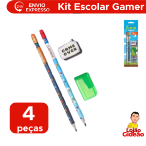 Kit Escolar Gamer 4 Peças Lápis HB Borracha e Apontador Infantil