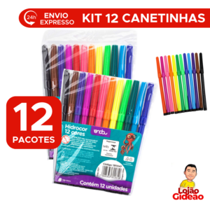 Kit 12 Pacotes De Canetinhas Com 12 Cores Hidrográfica Não Mancha Para Lembrancinhas e Revenda