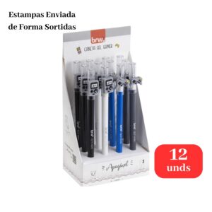 Kit 12 Canetas Gel Apagáveis Gamer 0.7mm Azul Ponta Fina Estampas Sortidas