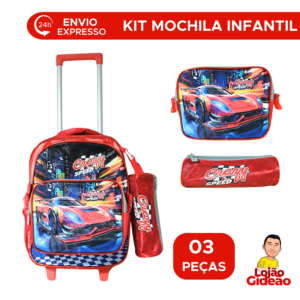 Kit Mochila Escolar Infantil com Rodinha Carros Estojo e Lancheira Menino Ensino Fundamental